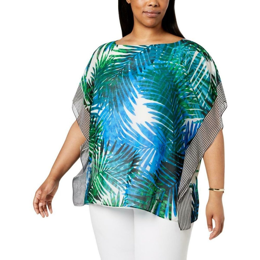 Calvin Klein  Palm Print Striped Poncho Top